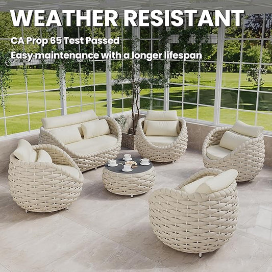 Sunroom Furniture Sets: 6 Pieces Aluminum Woven Rope Patio Conversation Sofa Set Cushioned - Modern Outdoor Couch Set No Assembly - Armchair Set Porch Deck Garden Poolside Gazebo Hotel - Beige