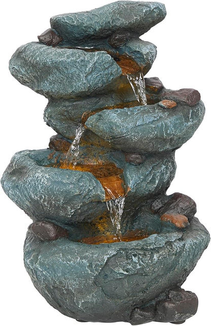 Alpine Corporation TZL418 14" 3 Tier Rock Fountain with LED Lights, Elegant Cascading Water Feature for Tabletop, Indoor Decor, Relaxing Stone Waterfall for Home & Office, Gray