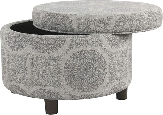 HomePop Home Decor | Upholstered Round Storage Ottoman | Ottoman with Storage for Living Room & Bedroom (Light Grey Medallion) Large