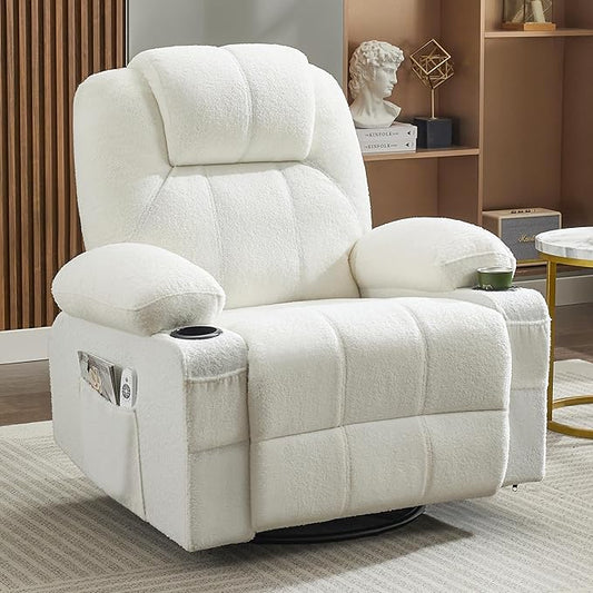 Oversized Swivel Rocker Recliner Chair with Heat and Massage, Large Big Recliner Chair for Living Room, 360 Degree Swivel Rocking Single Sofa with Cup Holders and USB Port(Teddy, White)