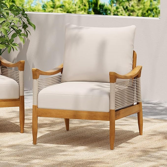 Christopher Knight Home Havets Patio Acacia Wood Club Chair with Woven Rope, Comfortable Outdoor Armchair, Water-Repellent Thick Cushion Deep Seating for Porch, Garden, Backyard, Balcony, Teak+Beige