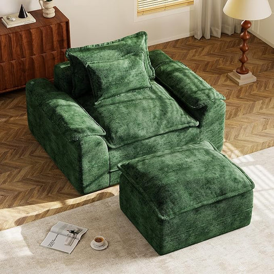 Hobestluk Cloud Single Sofa with Ottoman Memory Foam Couch with Deep Seat L Shaped Sofa with Removable Cover Large Couch for Living Room (Green, Single Sofa with One Ottoman)