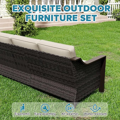 75" Patio Metal Wicker Sofa, 3-seat Deep Seat & Upholstered Couch, Outdoor All-Weather Rattan Loveseat with Washable Cushions, Steel Frame, Garden (Beige and Brown Stripe)