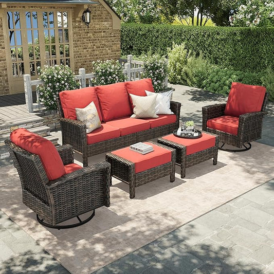 HERA'S HOUSE High Back Swivel Patio Furniture Set with 5.5" Thick Cushions, 5-Piece Oversized Outdoor Wicker Sectional Conversation Set with Ottomans for Garden Yard Porch, Red