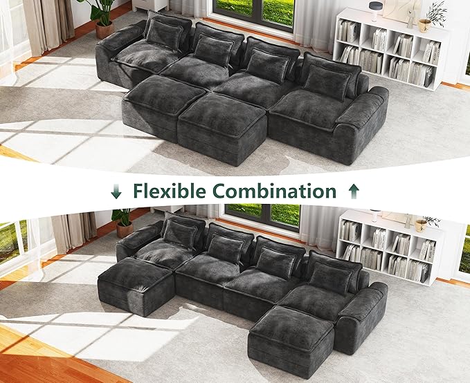 Hobestluk 152" Cloud Modular Sectional Couch 4-Seater Sofa with Ottomans U Shaped Couch Deep Seat Sofa with Removable Cover for Living Room (Dark Grey, 4-Seater Sofa with Two Ottomans)
