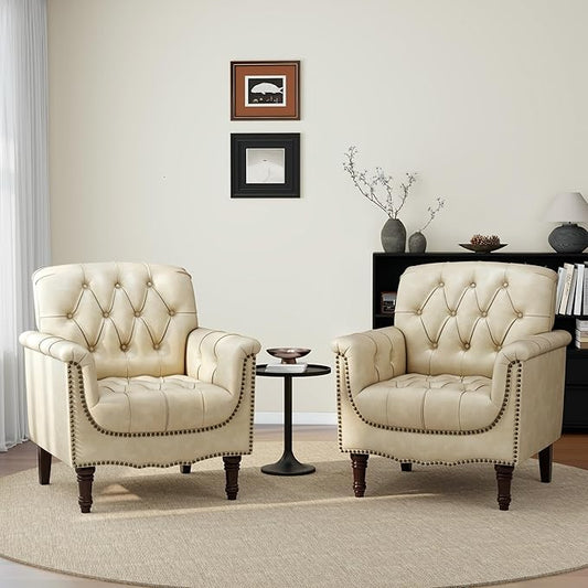 UIXE Faux Leather Accent Chairs Set of 2, Comfy Club Chair Upholstered Armchair for Living Room, Button Tufted Arm Chair Retro Single Sofa Side Reding Seat for Bedroom - Beige