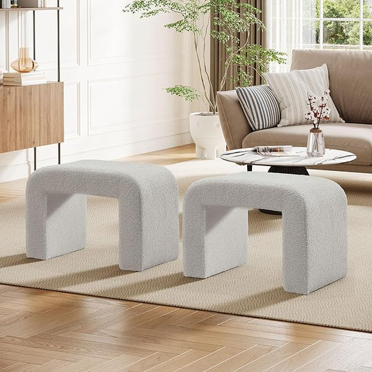 Tribesigns Vanity Stool Chair, Modern Boucle Ottoman Foot Rest for Couch, Large Foot Stool Ottoman, Extra Seating for Living Room, Arched Makeup Bench for Vanity, Fully Assembled, Light Gray, 2 Packs