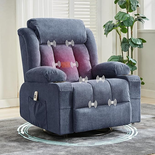Rocking Recliner Chair with Heat and Massage, Nursery Recliner 360° Swivel Oversized Chairs for Adults, Lazy Boy Single Sofa Seat with 3 Positions, 2 Side Pockets, Cup Holders, and USB Ports, Blue