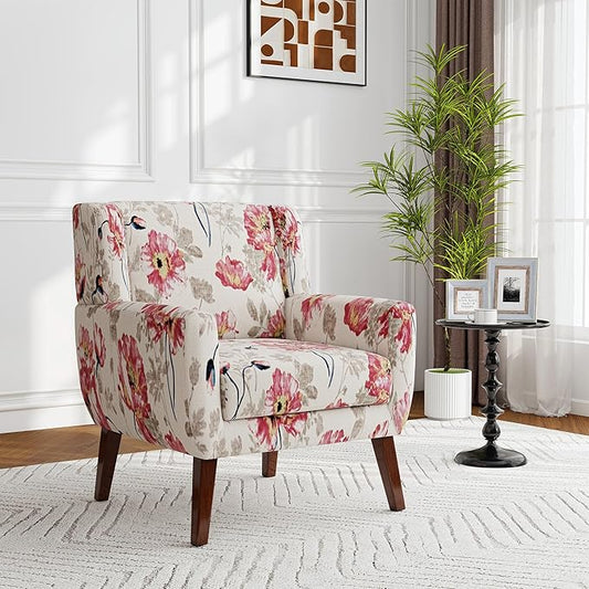 Accent Chair, Modern Fabric Armchair for Living Room, Comfy Upholstered Arm Chair Tufted for Indoor Bedroom Office Room (Pattern White)