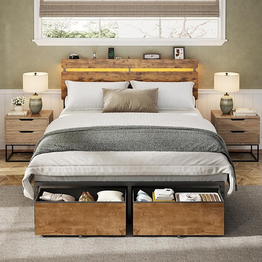 Forestell Full Size Bed Frame with Wood Headboard, Metal Platform Bed with 2 Storage Drawers & Shelf, Built in Charging Station & LED Lights, No Box Spring Needed, Vintage Brown, Camas Full