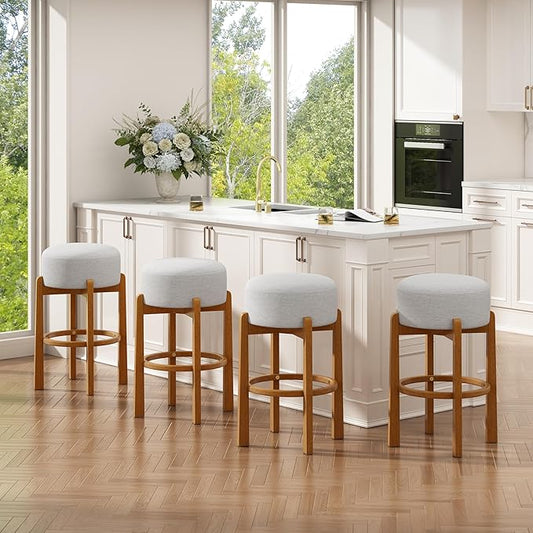 Christopher Knight Home Lera Modern Counter Height Bar Stools Set of 4, Fabric Round Stool Chair for Kitchen Island, Wooden Dining Room Chair, Upholstered Counter Stool with Footrest, Walnut+Ivory
