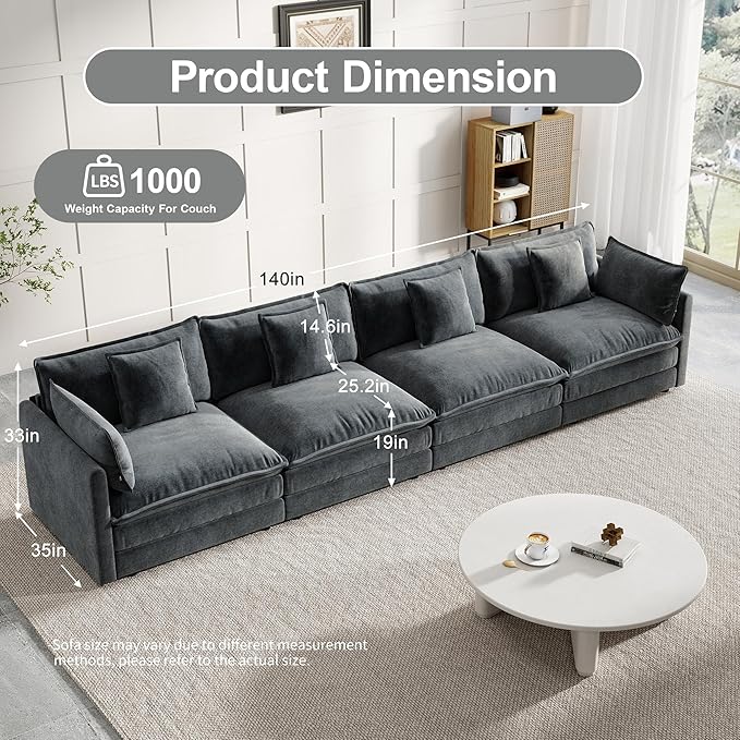 Modular Sectional Sofa, 146.5 Inch I-Shaped Cloud Sofa with Deep Seat Chenille Sofa with Cushions, Four Seater Sectional Sofa for Living Room Apartment,Gray