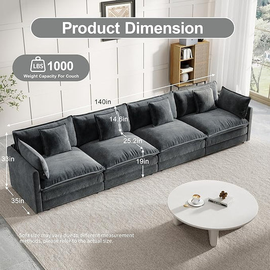 Modular Sectional Sofa, 146.5 Inch I-Shaped Cloud Sofa with Deep Seat Chenille Sofa with Cushions, Four Seater Sectional Sofa for Living Room Apartment,Gray