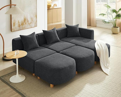 VANOMi 109.84" Modular Sectional Sofa with 3 Pillows, Convertible 5-Seater Comfy Boucle Cloud Couch with Ottoman, Modern Sectional Sofas for Living Room, Office, Apartment (Dark Gray)