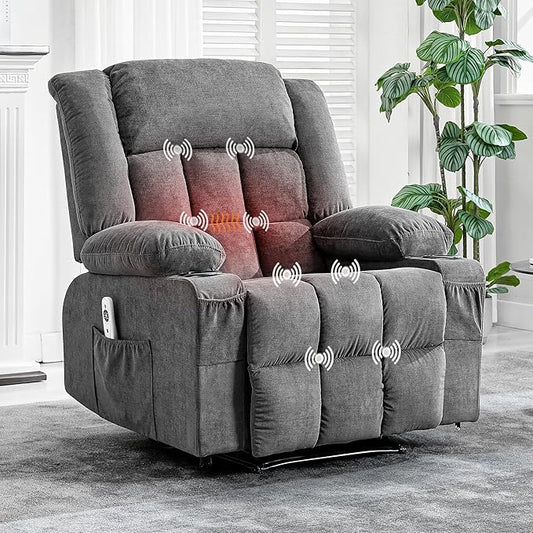 Large Recliner Chair, Manual Reclining Sofa with Massage and Heat, Comfy Sofa Chair with 3 Positions, 2 Side Pockets, 2 Front Pockets and 2 Cup Holder