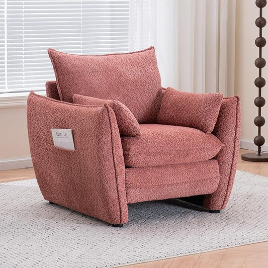Chenille Oversized Accent Chairs, Modern Oversized Armchair with Removable Pillow, Comfy Living Room Chair with Side Pocket Storage for Bedroom, Office, Pink