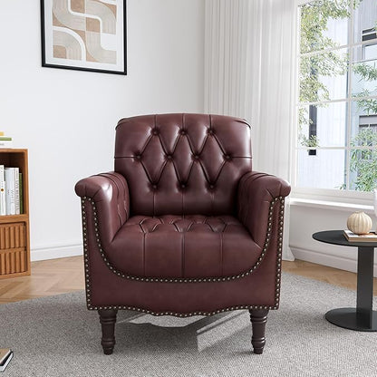 UIXE Faux Leather Accent Chair for Living Room, Tufted Arm Chair Retro Upholstered Club Armchair with Solid Wood Legs, Burgundy Red