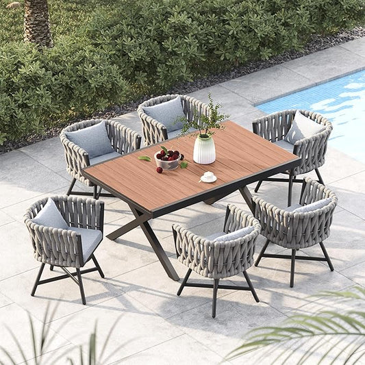 Grand patio 7-Piece Outdoor Dining Set for 6, Patio Dining Furniture Set for 6 Swivel Rope Wicker Chairs & 1 Extendable Rectangular Dining Table, Light Gray Brown