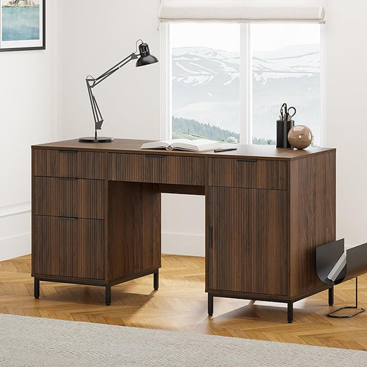 55" Fluted Executive Desk, Modern Home Office Desk with Charging Station, Keyboard Tray, File Drawer, Storage Cabinet, Wood Computer Writing Desk for Work Study Writing, Browm