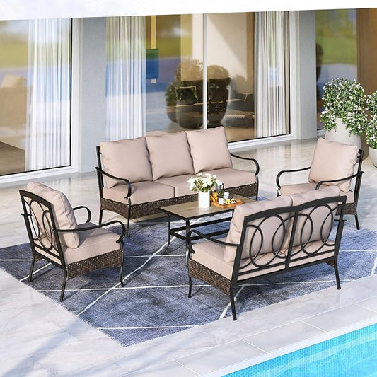 MFSTUDIO Outdoor Patio Furniture Set, 5 PCS Metal Patio Conversation Sets for 7, Modern Patio Sectional Set with High Back 3-Seat Sofa, Loveseat, 2 Fixed Sofa Chairs, 1 Coffee Table