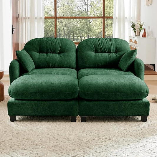 74" Loveseat U Shaped Couch with 2 Ottoman, Comfy Chenille Fabric Cloud Sectional Couch, Modern Upholstered Deep Seat Sofas with Armrest Pillow, Cloud Sofa for Small Spaces Apartment, Green