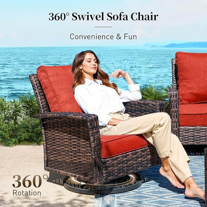 Patio Furniture Set with Swivel Chairs, High Back Wicker Rattan Furniture with 5.5" Thick Cushions, Fire Pit Table and Ottomans, All Weather Outdoor Conversation Set for Backyard Deck,7 Seats, Red