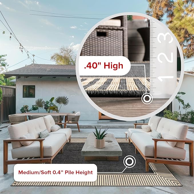 nuLOOM 4' x 6' Outdoor Area Rug, Casual Design With Striped Border, Stain Resistant, Highly Durable, For Patio, Balcony, Bedroom, Living Room, Dining Room, Bathroom, Dark Grey