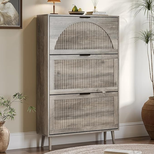 Shoe Cabinet for Entryway with 3 Flip Drawers, Slim Wooden Shoe Storage Organizer with Modern Fluted Pannel，Freestanding Narrow Hidden Shoe Rack for Hallway, Foyer, Living Room