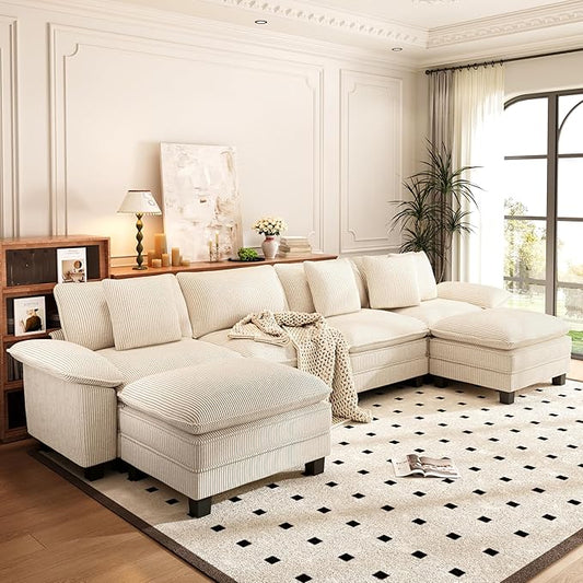 PHI VILLA Cloud Modular Couch Sets, 157.5" Sectional Sofa with U-Shaped Chaise, 6-Seater Couches with Movable Ottomans for Living Room, Corduroy Fabric, Beige