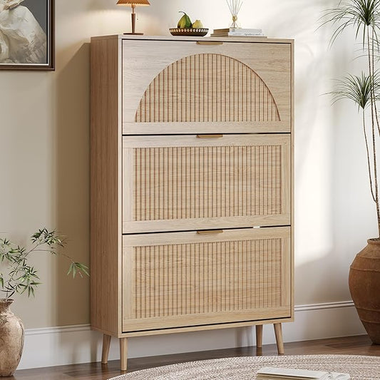 Shoe Cabinet for Entryway with 3 Flip Drawers, Slim Wooden Shoe Storage Organizer with Modern Fluted Pannel，Freestanding Narrow Hidden Shoe Rack for Hallway, Foyer, Living Room