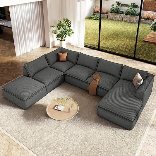 Vesgantti 141.7" Oversized Boneless Sectional Couch, Modern 7 Seater Modular Sofa with Chaise & Ottoman, Deep Seat Corduroy Cloud Couches for Living Room, No Assembly Required, Dark Gray