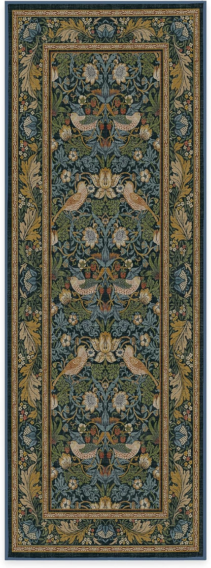 RUGGABLE x Morris & Co Machine Washable Runner Rug – Strawberry Thief Indigo 2.5x7, Stain-Resistant, Non-Slip – Washable Rug for Hallway, Entryway, Living Room & Kitchen–with Cushioned Pad