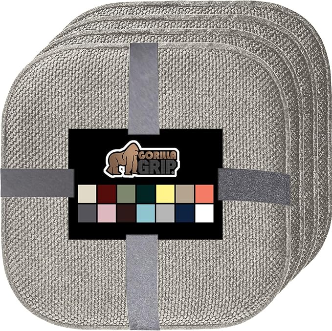 GORILLA GRIP Slip Resistant Chair Cushions, No Ties Required, Memory Foam Pads for Dining Room, Kitchen Table, Office, Rocking Chairs, Plush Seat Cover Cushion Pad, Home Decor, Set of 4 16x16, Lt Gray