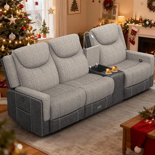 Recliner Sofa, 2 - Way Multi - Function Manual 3 Seater Couch with Cup Holders, Storage & USB Ports, Modern Multifunctional Sofa, Grey Linen & Leather Reclining Couch for Living Room