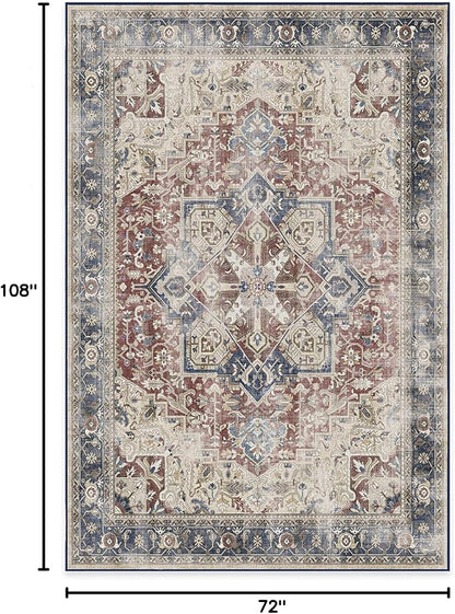 RUGGABLE Washable Vintage Area Rug – Kamran Royal Blue 6x9, Stain-Resistant, Non-Slip – Medium Machine Washable Rugs for Living Room, Bedroom, Hallway, Entryway & Office–with Standard Pad