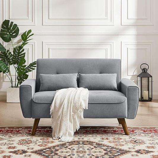 48.8" Small Loveseat Sofa, Mid Century Modern Love Seat Couch with Back Cushions and Plastic Legs, 2 Seater Couches for Living Room, Bedroom, Small Spaces, Light Grey