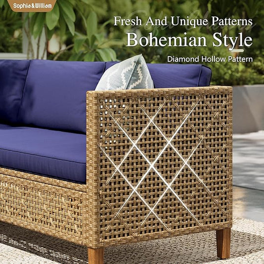 Sophia and William Boho Wicker Patio Furniture Set, Outdoor Rattan Sectional Sets Conversation Set - Weather-Resistant, with Dual Storage Coffee Table Acacia Wood Legs for Garden, Patio & Deck(Blue)