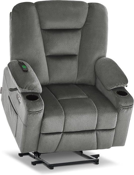 MCombo Oversized Power Lift Recliner Chair Sofa with Massage and Heat for Elderly People Petite, USB Ports, Side Pockets, Fabric R7561 (Grey, Small-Oversize)