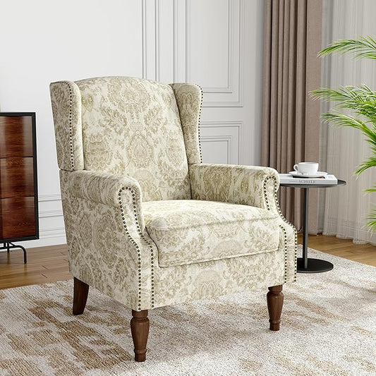 Wingback Accent Chair, High Back Upholstered Armchair, Printed Fabric Wingback Arms Chairs with Wood Legs, Single Sofa Reading Chair for Bedroom Living Room, White
