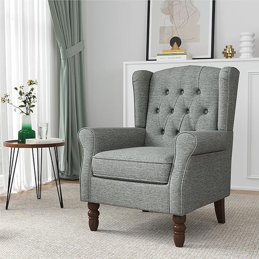 High Back Accent Chair, High Wingback Chair for Living Room, Button-Tufted Upholstered Fabric Armchair with Solid Wood Legs, Comfy Single Sofa Reading Chair for Bedroom, Gray