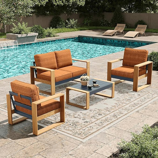 LayinSun 4 Pieces Aluminum Patio Furniture Set with Coffee Table, Oversized Seat with Hight Back, Outdoor Conversation Sets for Porch, Balcony, Deck