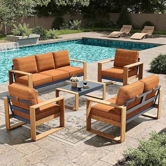 LayinSun 5 Pieces Aluminum Patio Furniture Set with Coffee Table, Oversized Seat with Hight Back, Outdoor Conversation Sets for Porch, Balcony, Deck