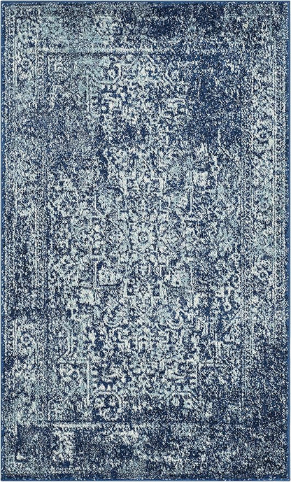 SAFAVIEH Evoke Collection Area Rug - 3' Square, Navy & Ivory, Distressed Design, Non-Shedding & Easy to Clean, Ideal for Foyer, Bedroom, Accent Space (EVK256A)
