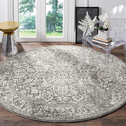 SAFAVIEH Evoke Collection Area Rug - 5'3" Round, Grey & Ivory, Distressed Design, Non-Shedding & Easy to Clean, Ideal for Living Room, Bedroom, Dining Space (EVK256D)