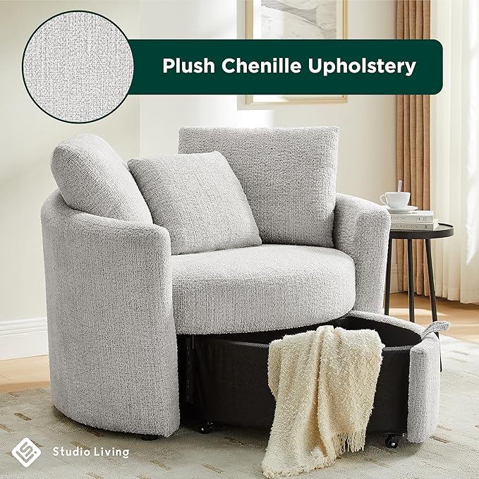 Studio Living® Beckett 48" Storage Chair, Modern Farmhouse, Pocket Coil Comfort, Easy Assembly, Chenille Fabric, Ivory
