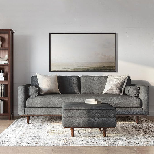 SIMPLIHOME Morrison Mid-Century Modern 89 inch Wide Sofa with Ottoman Set in Charcoal Grey Tightly Woven Performance Fabric for the Living Room and Family Room