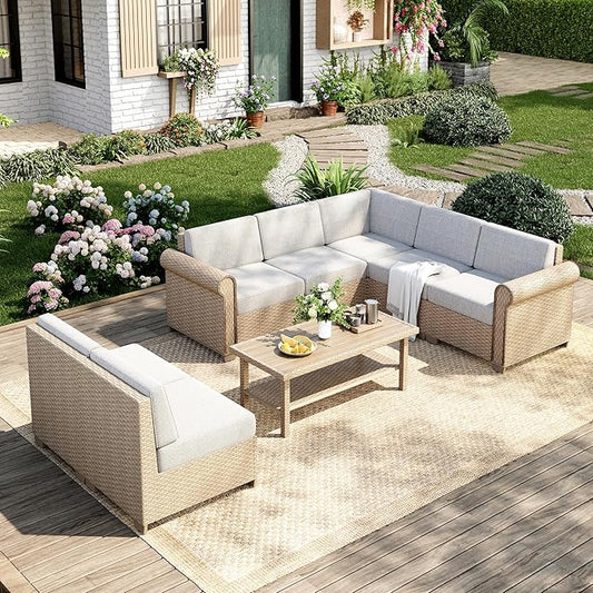 Patio Furniture Set, 8 Piece Outdoor Rattan Wicker Sectional Conversation Set with 5.5" Thick Waterproof Cushions and Coffee Table