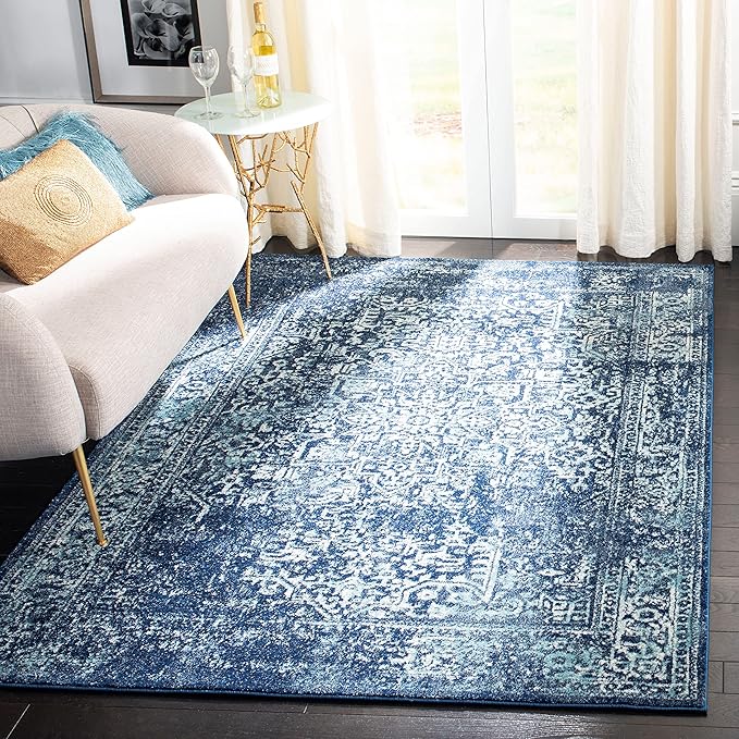 SAFAVIEH Evoke Collection Area Rug - 5'3" x 7'6", Navy & Ivory, Distressed Design, Non-Shedding & Easy to Clean, Ideal for Living Room, Bedroom, Dining Space (EVK256A)