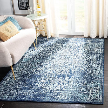 SAFAVIEH Evoke Collection Area Rug - 5'3" x 7'6", Navy & Ivory, Distressed Design, Non-Shedding & Easy to Clean, Ideal for Living Room, Bedroom, Dining Space (EVK256A)