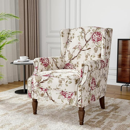 Floral Wingback Accent Chair, High Back Upholstered Armchair, Comfy Fabric Wingback Arms Chairs with Solid Wood Legs, Single Sofa Reading Chair for Bedroom Living Room, Beige